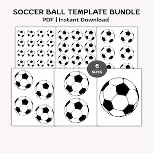Pode incluir: Um pacote de modelos digitais de bolas de futebol com ilustrações em preto e branco de bolas em seis tamanhos diferentes. O texto diz SOCCER BALL TEMPLATE BUNDLE PDF | Instant Download e 6 SIZES. O layout inclui várias páginas.