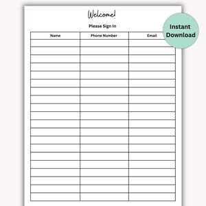 Sign-In Sheet, Welcome Sign-In Sheet, Open House Sign-In, Guest, Meeting and Events Sign-in, Printable US Letter Size, PDF, Digital Download