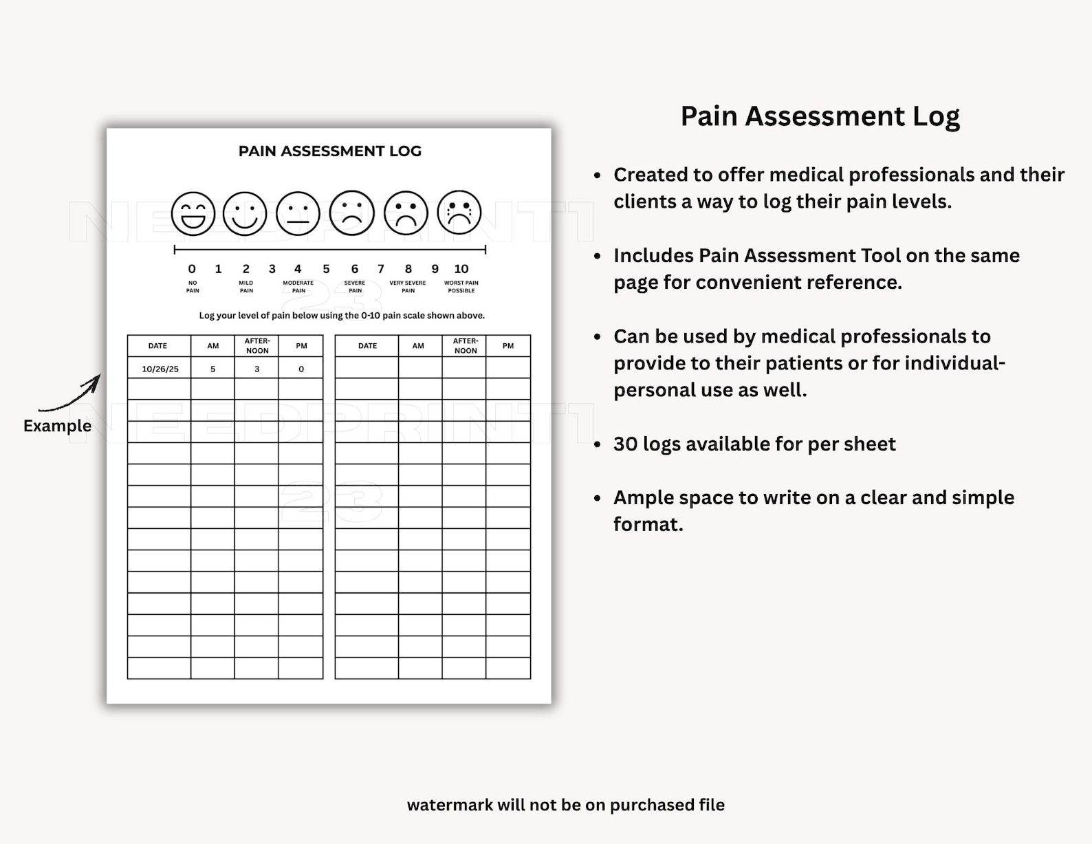 Pain Assessment Log Printable, Professional and Personal Use: PDF ...