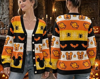 Disneyworld Halloween-Strickjacke, Mickey Minnie Candy Corn Strickpullover, Süßer Disneyland Halloween-Pullover, Gruselige Mickey Kürbis-Strickjacke