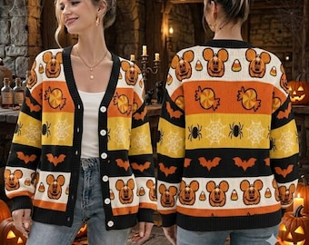 Mickey Halloween Knitted Cardigan, Cute Disneyland Pumpkin Sweater, Cozy Magic Kingdom Gift, The Nightmare Before Christmas, Halloween Gift