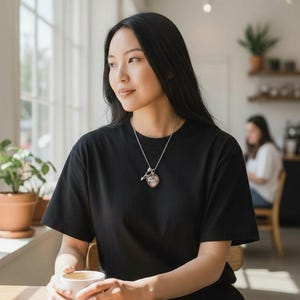 May include: A woman wearing a black t-shirt and a silver necklace with a pendant. The pendant has a heart-shaped design with red and white accents. She is holding a white cup of coffee and sitting at a wooden table near a window.