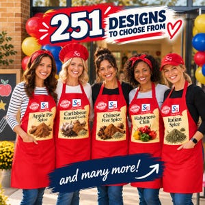 May include: Five red aprons featuring the SG Spice Girls logo and various spice labels including Apple Pie Spice, Caribbean Roasted Garlic, Chinese Five Spice, Habanero Chili, and Italian Spice. The text 251 DESIGNS TO CHOOSE FROM is at the top.