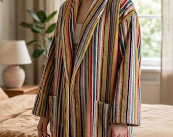 Thick Striped Cotton Bathrobe- Soft Cozy Turkish Cotton Robe, Unisex Loungewear