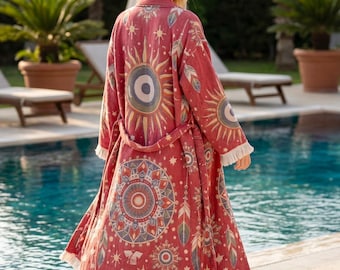 Celestial Sun Kimono Robe- 3 Layer Cotton Muslin Lightweight Summer Robe