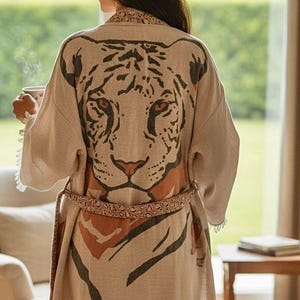 Tiger Jacquard Muslin Kimono – 3 Layer Cotton Robe, Lightweight Boho Loungewear