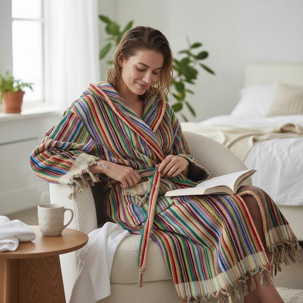 Striped Cotton Tasseled Bathrobe, Cozy Turkish Hooded Cotton Robe, Unisex Loungewear