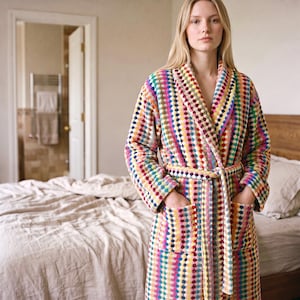 Handwoven Pompom Cotton Bathrobe- Long Cozy Turkish Spa Robe, Unisex Loungewear