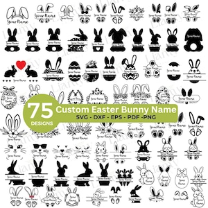 Könnte beinhalten: Eine Sammlung von 75 individuellen Osterhasen-Designs in Schwarz und Weiß. Die Designs umfassen Hasenohren, Silhouetten und Ostereier mit Platz für Personalisierung. Der Text auf dem Bild lautet "Custom Easter Bunny Name" und "Designs".