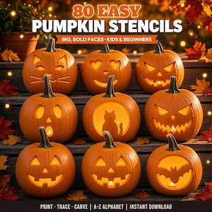 Peut inclure: Une collection de neuf citrouilles orange avec divers motifs sculptés, incluant des visages, un chat et une chauve-souris, éclairées de l'intérieur. Le texte indique 80 EASY PUMPKIN STENCILS, BIG, BOLD FACES - KIDS & BEGINNERS, PRINT, TRACE, CARVE, A-Z ALPHABET, INSTANT DOWNLOAD.