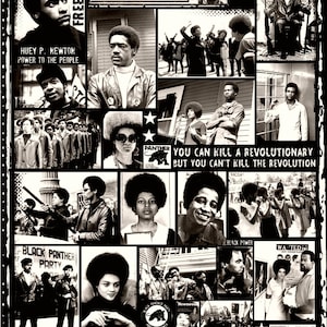 Puede incluir: Un collage en blanco y negro con el texto "BLACK PANTHERS" en la parte superior. La imagen incluye retratos, texto y la frase "POWER TO THE PEOPLE". El texto inferior dice "Founded: October 15, 1966, Oakland, CA."