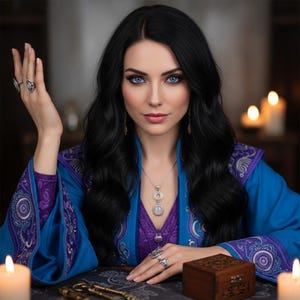 May include: A woman with dark hair and blue eyes, wearing a blue and purple robe and silver jewellery. She is seated at a table with candles, a small wooden box, and keys. The image has a mystical or fantasy theme.