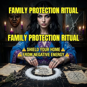 May include: An image with the text "FAMILY PROTECTION RITUAL" in yellow. A woman in a blue robe is performing a ritual with a drawing of a house. The text "SHIELD YOUR HOME FROM NEGATIVE ENERGY" is also visible.