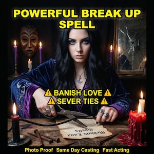 Puede incluir: Imagen con el texto "POWERFUL BREAK UP SPELL". Una mujer con una túnica de terciopelo azul oscuro sostiene unas tijeras sobre un pergamino. También se ve el texto "BANISH LOVE" y "SEVER TIES". Velas y una máscara en el fondo.