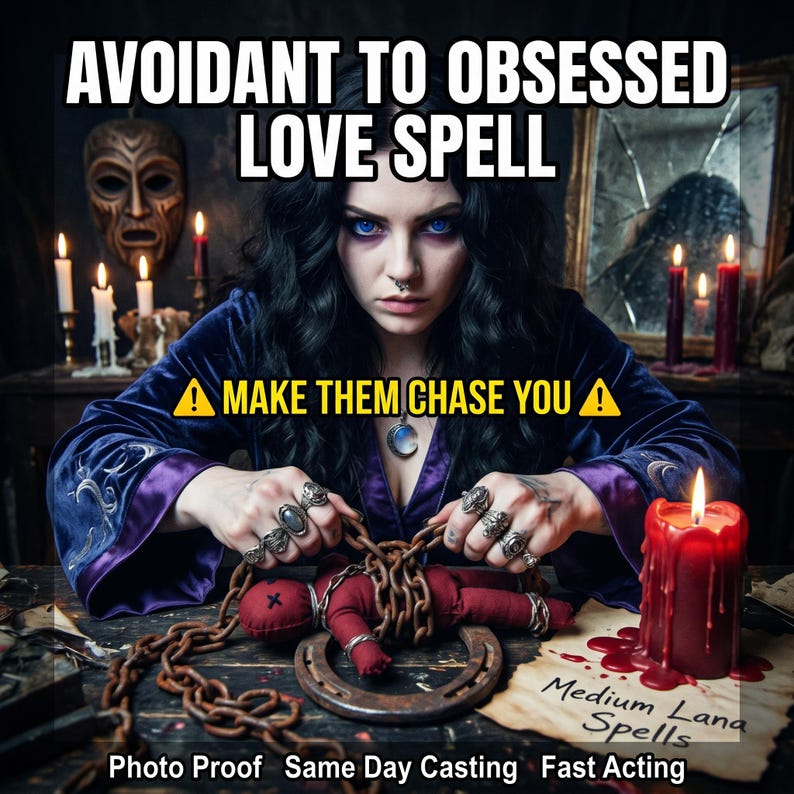 May include: An image featuring the text "AVOIDANT TO OBSESSED LOVE SPELL" and "MAKE THEM CHASE YOU". A person with dark hair and blue eyes is holding a chain connected to a voodoo doll. A lit red candle and a horseshoe are also visible.