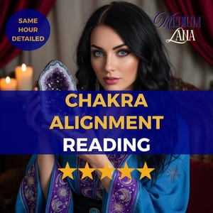 May include: A woman with dark hair and blue eyes holds a geode. The image features text that reads "Chakra Alignment Reading" and "Same Hour Detailed." Gold stars are at the bottom. The image has a spiritual theme.