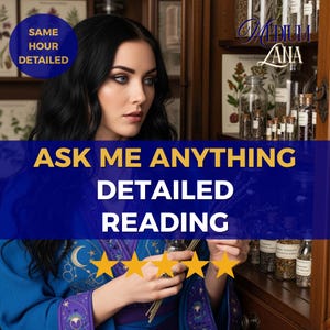 Könnte beinhalten: Das Bild zeigt eine Frau mit dunklem Haar und blauen Augen, mit dem Text "Ask Me Anything Detailed Reading". Das Bild enthält auch den Text "Same Hour Detailed" und "Medium Lana". Die Frau hält ein kleines Glasfläschchen.