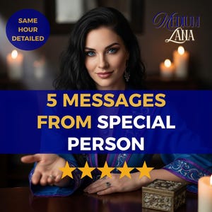 May include: A woman with dark hair and blue eyes is the central figure in this image. Text includes "5 Messages From Special Person" and "Same Hour Detailed." A decorative box and five gold stars are also visible.
