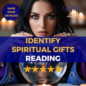 May include: An image featuring a woman with dark hair and blue eyes, with text that reads "IDENTIFY SPIRITUAL GIFTS READING." A crystal ball is in the foreground, with five gold stars below the text. The image also includes the text "SAME HOUR DETAILED."