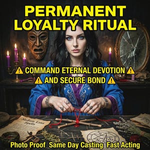 Puede incluir: Imagen con el texto "PERMANENT LOYALTY RITUAL". Una mujer con una túnica azul trabaja con hilo rojo y palos. También es visible el texto "A COMMAND ETERNAL DEVOTION A AND SECURE BOND A". La imagen también incluye el texto "Photo Proof Same Day Casting Fast Acting".