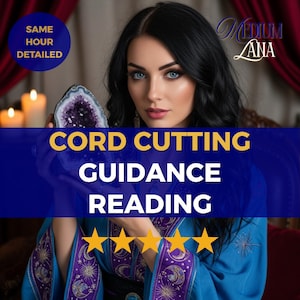 May include: A woman with dark hair and blue eyes holds a geode. Text on the image reads "CORD CUTTING GUIDANCE READING" and "SAME HOUR DETAILED". The image also features the name "Medium Lana" and five gold stars.