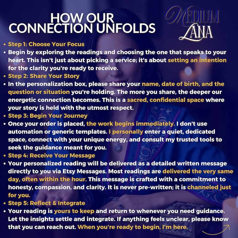 May include: Image with text: "HOW OUR CONNECTION UNFOLDS" and "MEDIUM LANA". The image details the steps involved in a personalized reading service. These steps include choosing a focus, sharing your story, and receiving a message.