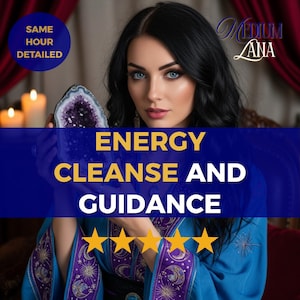 May include: A woman with dark hair and blue eyes holds a purple geode. The image includes text that reads "ENERGY CLEANSE AND GUIDANCE" and "SAME HOUR DETAILED". The image also features the text "Medium Lana" and five gold stars.