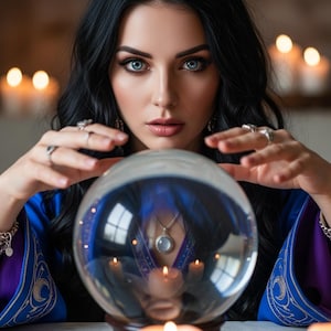 May include: A woman with dark hair and blue eyes looks at a crystal ball. She wears a blue and purple robe and rings. Candles are lit in the background, creating a mystical atmosphere.