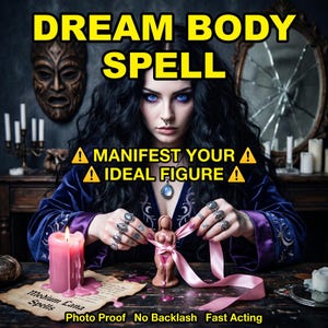 Può includere: Immagine con il testo "DREAM BODY SPELL" e "MANIFEST YOUR IDEAL FIGURE". Una donna con capelli scuri e occhi blu lega un nastro rosa attorno a una piccola statuina. Una candela rosa e una pergamena sono sul tavolo.