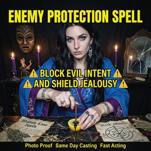 May include: An image advertising an "Enemy Protection Spell." The text includes "Block Evil Intent" and "Shield Jealousy." A person is shown performing a ritual with a lemon. The image also includes the text "Photo Proof Same Day Casting Fast Acting."