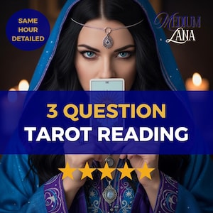 May include: A woman with dark hair and blue eyes holds a tarot card in front of her face. The image features text that reads "3 QUESTION TAROT READING" and "SAME HOUR DETAILED". Gold stars are at the bottom.