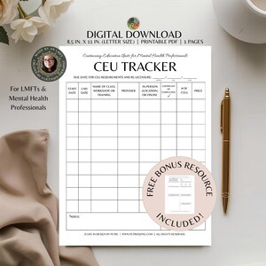 Op de afbeelding: Een printbaar CEU-tracker document voor professionals in de geestelijke gezondheidszorg, met een afmeting van 21,59 cm bij 27,94 cm. De witte pagina bevat een raster met kolommen voor startdatum, einddatum, training, aanbieder en CEU-punten.
