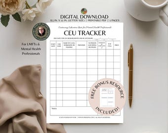 Continuing Education Unit (CEU) Tracker | Integration Worksheet | Printable Log for Therapists, LMFTs | Digital Download