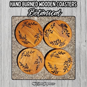 Hand Burned Botanical Coasters | Natural Wood Floral Decor Set
