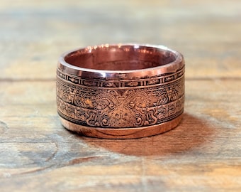 Aztec calendar copper 999 fine coin ring
