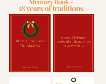May include: A Christmas memory book with a red cover and gold accents. The book includes pages for recording Christmas traditions and memories. The cover features a wreath and the text "All The Christmases That Made Us".