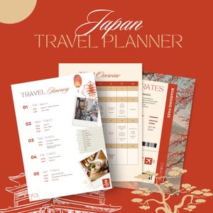 Op de afbeelding: Een Japanse reisplanner met een rode achtergrond. De planner bevat een reisroute, overzicht en boarding pass. De tekst bevat "Japan Travel Planner", "Travel Itinerary" en "Boarding Pass". Het ontwerp bevat Japanse culturele elementen.