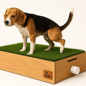 May include: A Beagle dog stands on a rectangular wooden box with artificial green grass. The box has a small white cylinder on the side and a leather tag with the word "loo." The dog has brown, black, and white fur.
