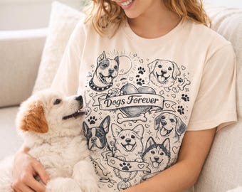 Dogs Forever-T-shirt | Illustratie hondengezichten, pootafdrukken, hartbanner
