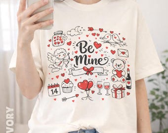 Be Mine Valentijns-T-shirt | Iconen Cupidoharten, teddybeer, wijn en liefde