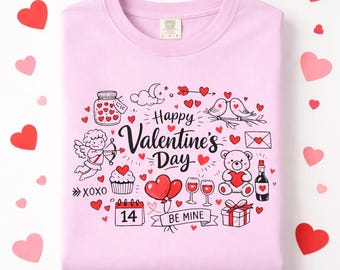 T-shirt met hartjes voor Valentijnsdag | Liefdesiconen, rozen, chocolaatjes