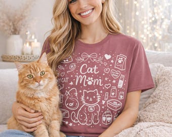T-shirt Cat Mom Doodles, T-shirt Pet Lover, Cat Lovers