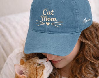 Gepersonaliseerde spijkermuts met geborduurde katten en snorharen, verstelbare geborduurde pet,