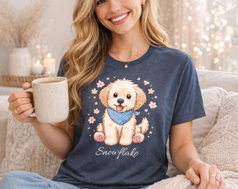 Aangepaste gouden T-shirt met puppyillustratie | Leuk hondenportret, gepersonaliseerde hondennaam