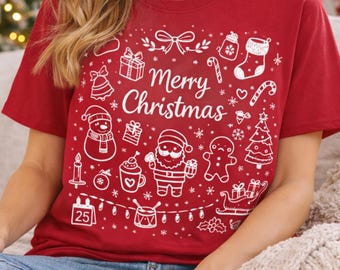 Vrolijke kerstkrabbels T-shirt | Kerstman, boom, ornamenten, peperkoek