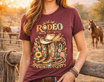 T-shirt rodeolaarzen en hoed, cowboywestern-T-shirt, zonnebloem Cactus-ontwerp, cowgirl-T-shirt