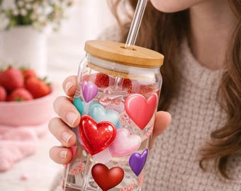Kleurrijk hartpatroon sipperglas, glazen beker, valentijnscadeau, 16oz