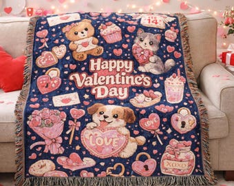 Geweven Valentijnsdeken, schattige hartjes, teddyberen, liefdespatroon, Valentijnsdag, kawaii-personages