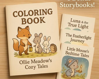 May include: A children's coloring book with the title "COLORING BOOK" and the text "Ollie Meadow's Cozy Tales" features a cartoon fox, rabbits, and a hedgehog. Includes three bonus storybooks with titles like "Luna & the True Light".