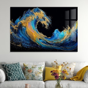 Abstract Ocean Wave, Tempered Glass Wall Art, Modern Living Room Decor